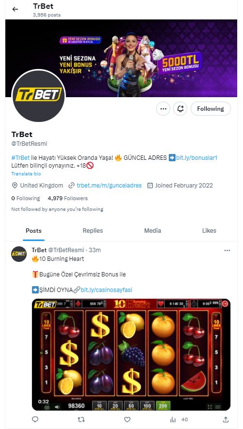 TrBet'in Twitter'daki resmi sayfasında en taze haberlere, promosyonlara ve özel duyurulara erişin. Bahis ve casino dünyasındaki son trendleri kaçırmamak için bizi hemen takip edin!